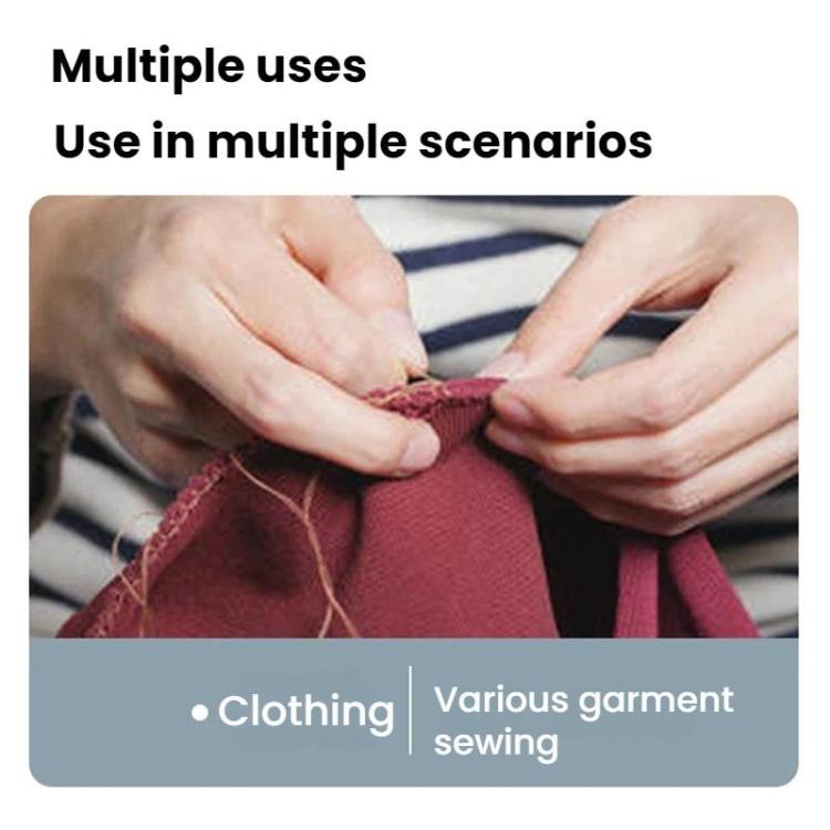 Hands sewing fabric with dark red thread, forming a stitched seam