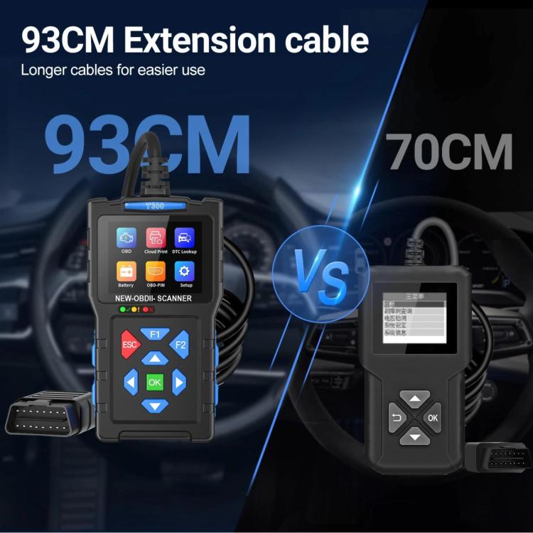 OBD2 scanner with 93CM extension cable displayed beside compact tester comparison