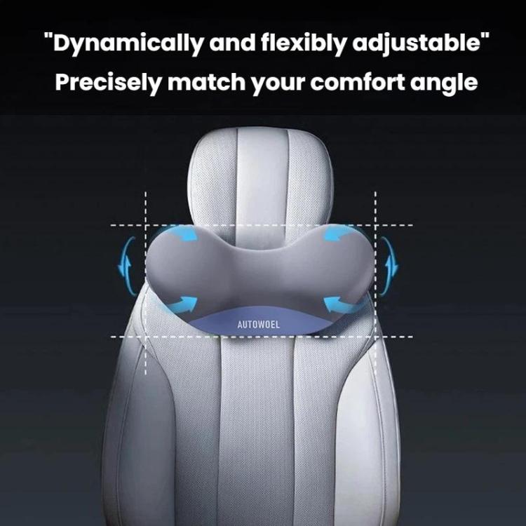 Gray-blue dynamically adjustable neck support pillow on car seat headrest