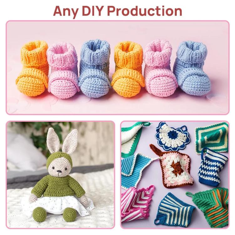 Crochet kit samples with small knitted items in pastel colors