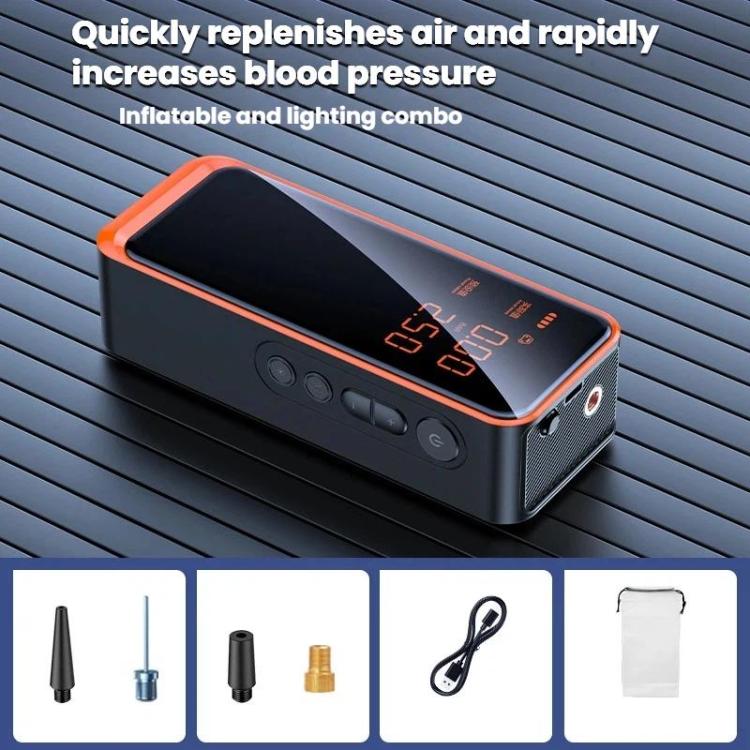 Portable wireless air pump with digital pressure display, control buttons, and orange trim