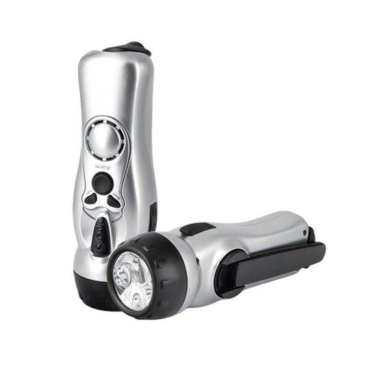 Silver handheld emergency flashlight with LED beam head and crank handle