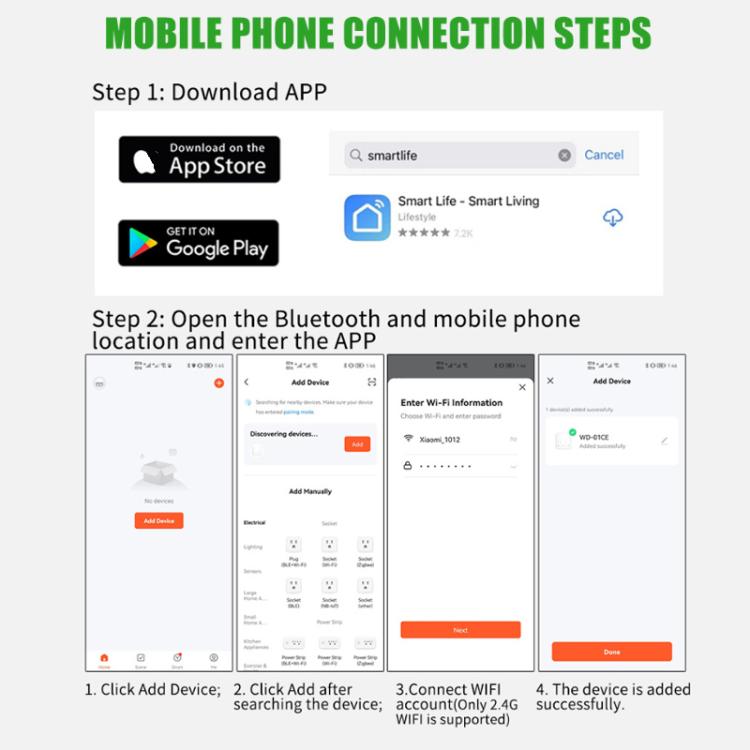 Smartphone app connection steps for misting system, showing device setup screens