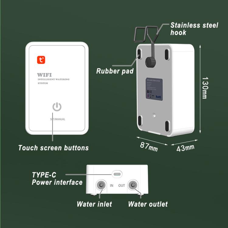 Smart WiFi drip irrigation controller box with touch buttons, Type-C power, inlet and outlet