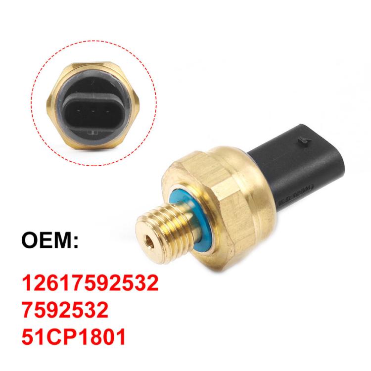 Oil pressure sensor showing black connector end and brass body with blue sealing ring.