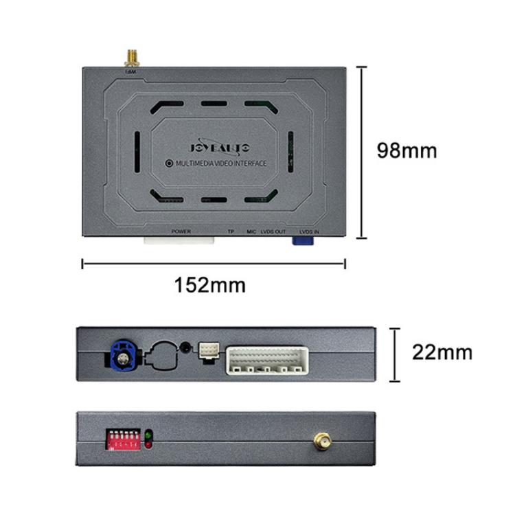 CarPlay decoder module with front port panel and gold antenna connector