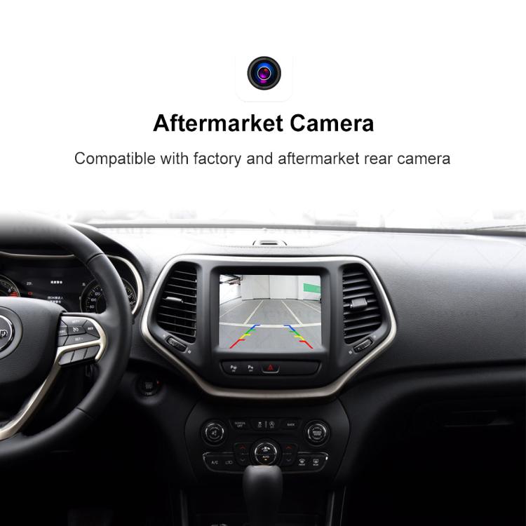 Aftermarket rear camera view with guidelines on infotainment screen powered by wireless module