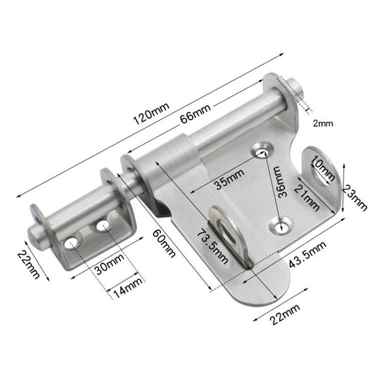 Brushed stainless steel anti-theft door bolt with mounting plates and size diagram
