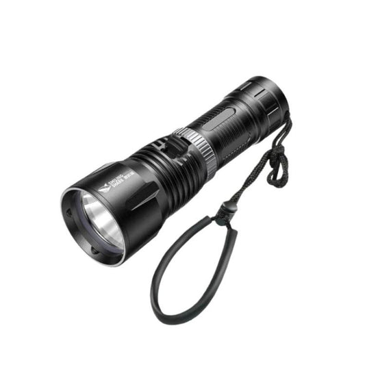 Black diving flashlight with wide head and wrist lanyard, amphibious magnetic control