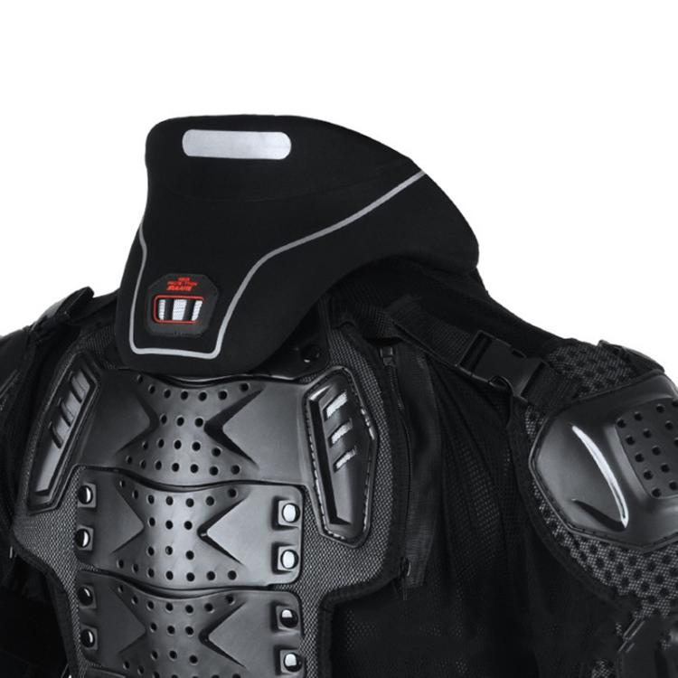 Black neck protector collar with white trim and small red logo patch