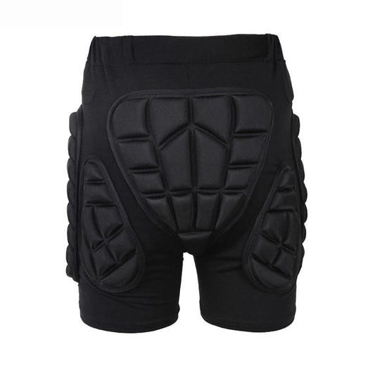 Black padded hip protection shorts with contoured front and side armor panels