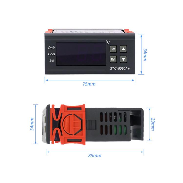 Digital temperature controller dimensions diagram, black case with orange mounting bracket
