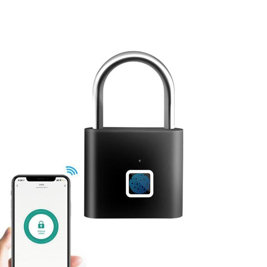 Black zinc alloy fingerprint padlock with U-shaped shackle and biometric sensor