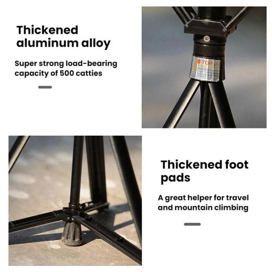 Black folding stool hiking stick with reinforced collar and four-leg tripod-style base