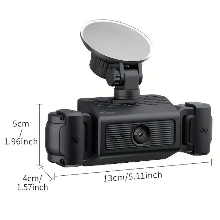 Black dash camera with top dome and front display, with height and length dimensions