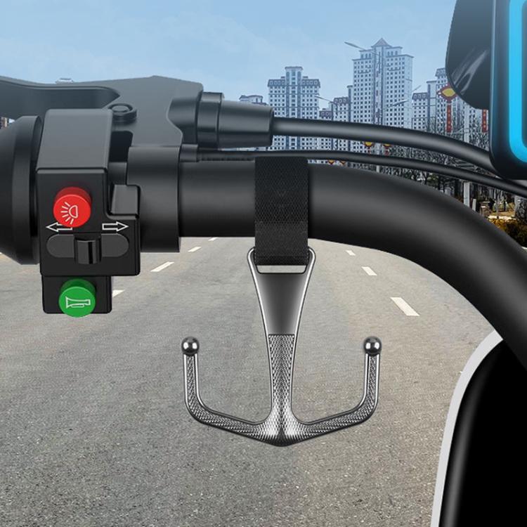 Motorcycle front metal hook with strap on handlebars and two prongs