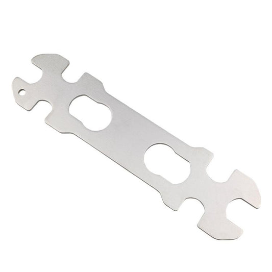 Metal hub wrench with long thin body and multiple circular cutouts