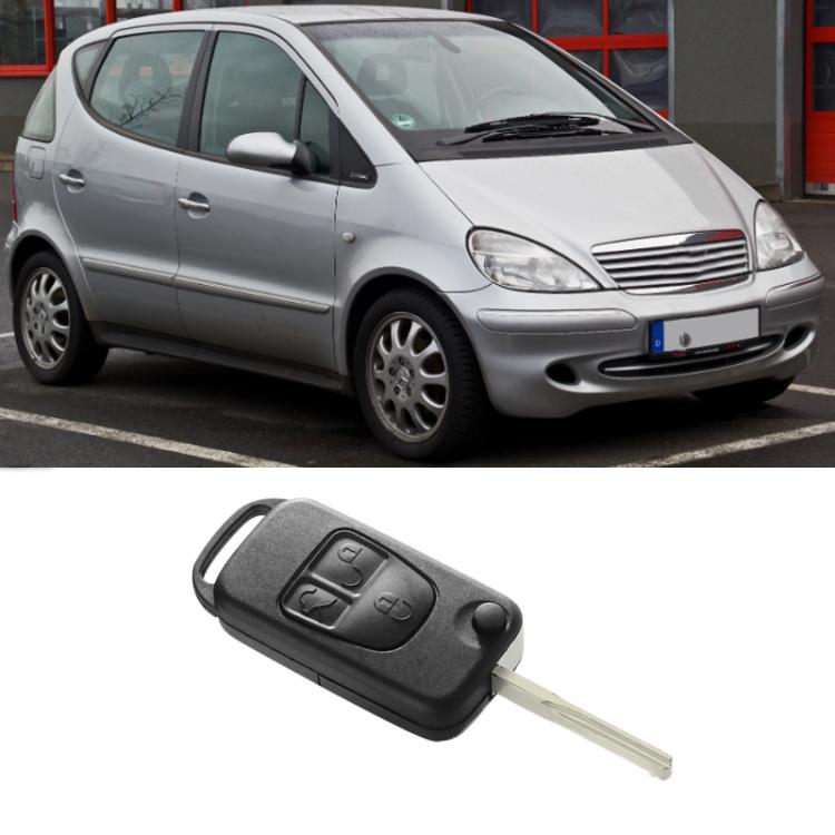 Mercedes-Benz key shell angled view, black remote housing with 3 buttons and key blade