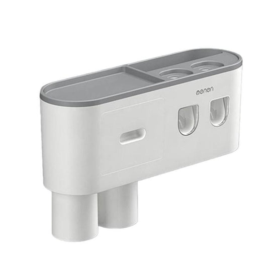 White multi-cup bathroom toothbrush holder with dual toothpaste dispenser panels