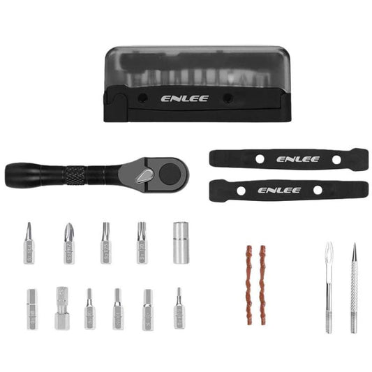 ENLEE bicycle ratchet wrench set with tool box, tire levers, bits, and repair needles