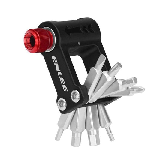Bicycle CO2 inflator head tool with red cap and folding multi-bit nozzle set