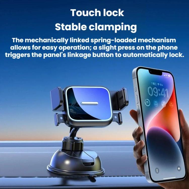 Car phone holder with blue cradle, vent clamp arms, and suction base with phone