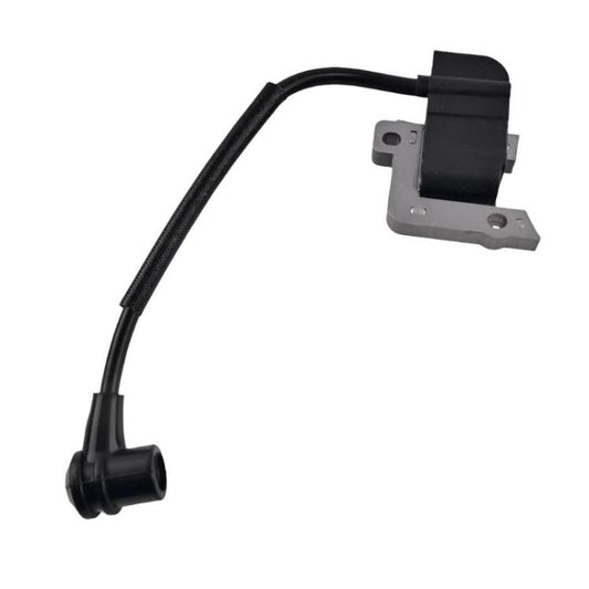 Ignition coil with black lead wire and metal mounting plate with screw holes
