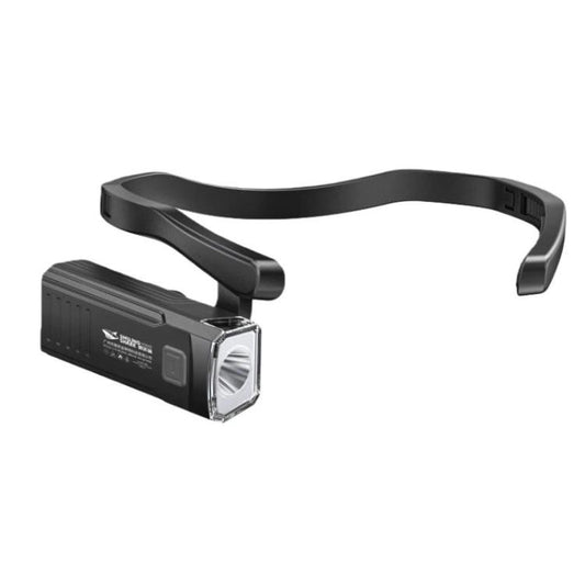 Rechargeable ear-mounted headlamp with black adjustable headband and LED spotlight module