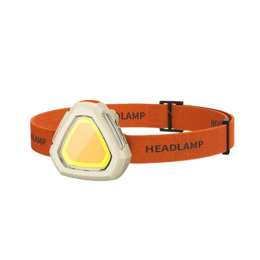 Mini COB headlamp with orange elastic strap and bright front LED panel