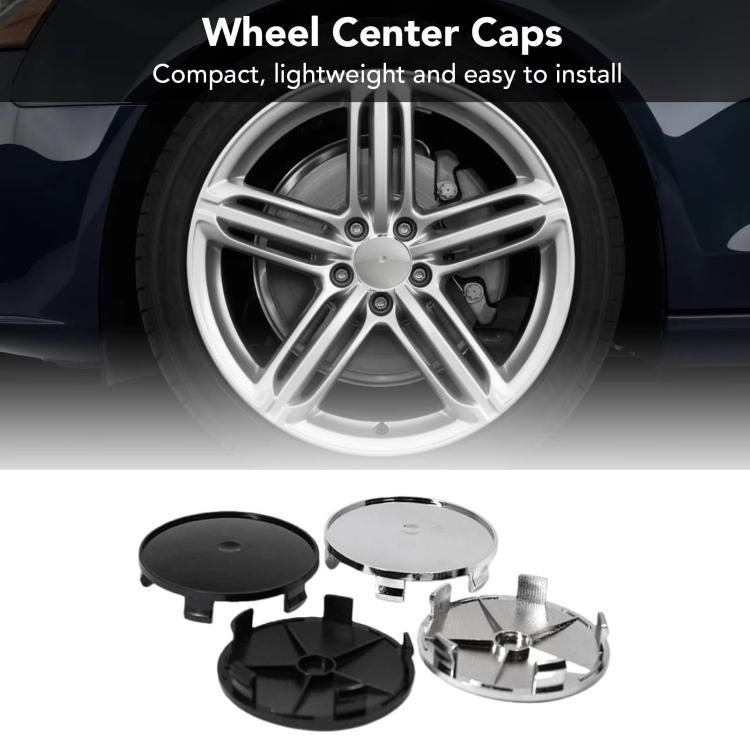 Wheel hub center caps set shown on a car wheel, black and silver, 68mm