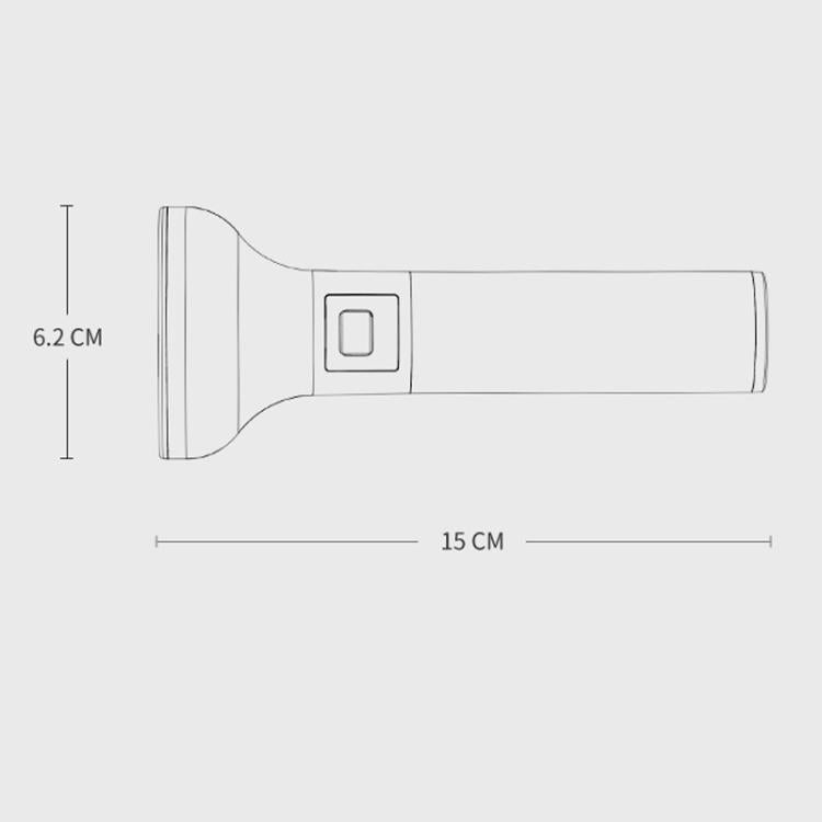 Portable LED flashlight size diagram: 15 cm length, 6.2 cm head width
