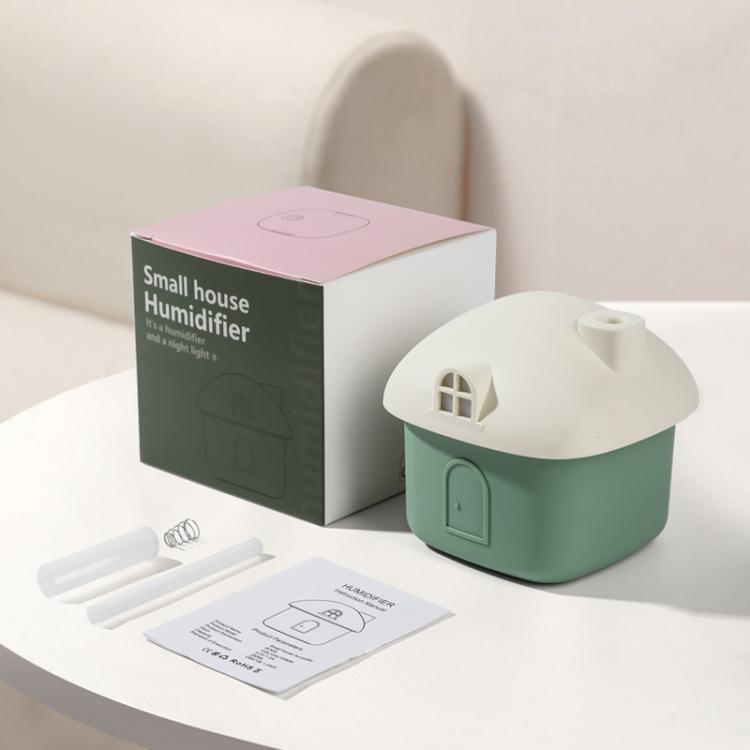 Mini house-shaped desktop humidifier, white top with green base