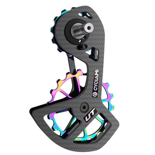 Carbon fiber rear derailleur with black body and iridescent rainbow accents