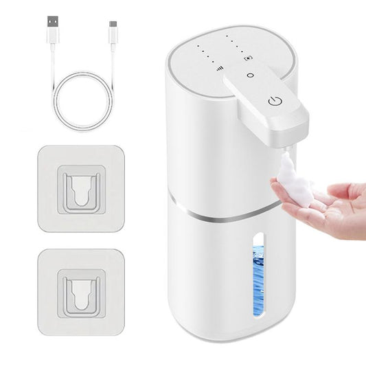 Wall-mounted electric soap dispenser, white body with white foam nozzle and drip tray