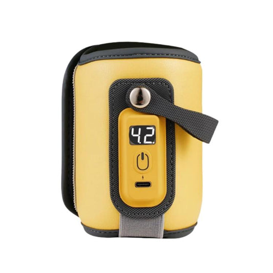Yellow portable baby bottle heating sleeve with digital temperature display and USB-C power