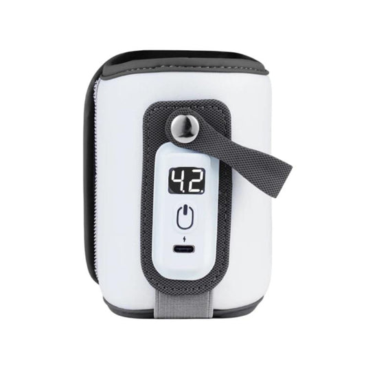 White portable baby bottle heating sleeve with digital temperature display and USB-C power