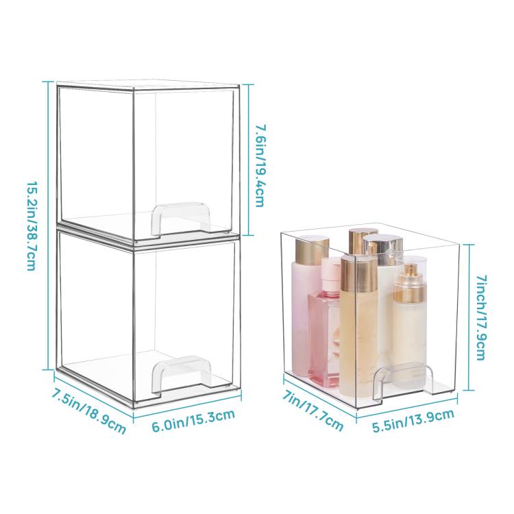 Perfume organizer size diagram showing two tall and wider compartments with dust covers