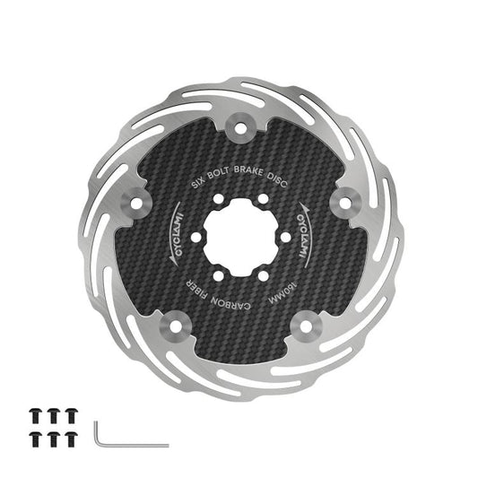 Six-bolt carbon fiber brake disc with vented silver outer ring and dark weave center
