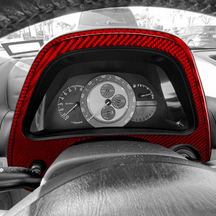 Red carbon-fiber speedometer surround sticker, full curved border around gauges