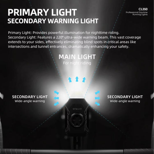 Cycling light with main center beam and side warning light coverage, black
