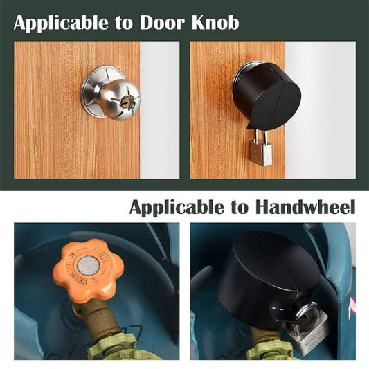 Black lock cover shown on door knob and on a handwheel valve handle