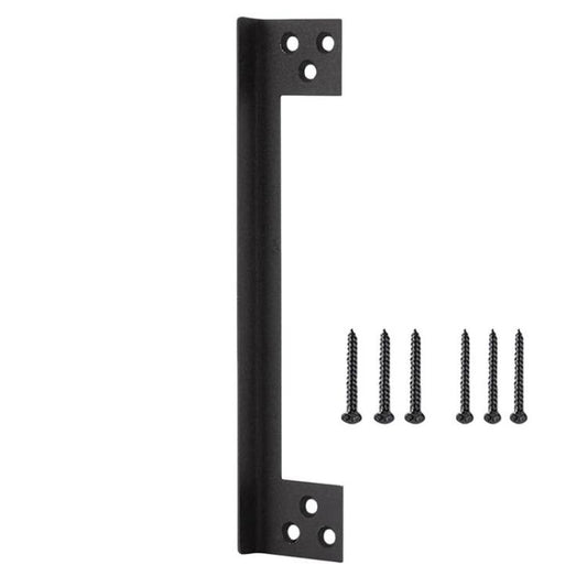 Black L-shaped door latch protector cover with mounting holes and included screws