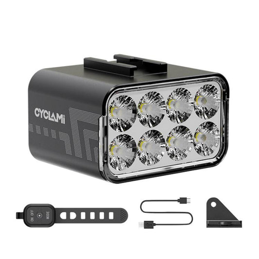 Bike front under-saddle light with rectangular LED array and dark gray housing