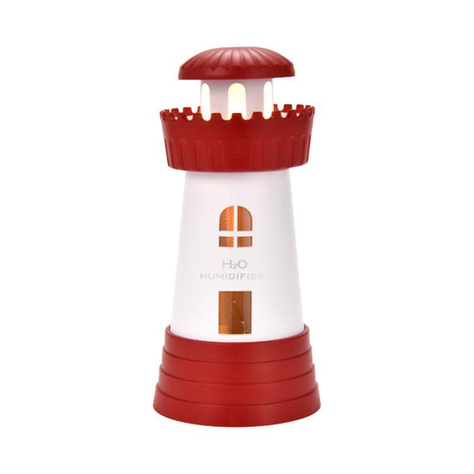 Red lighthouse-shaped mini humidifier with glowing window detail and top vent