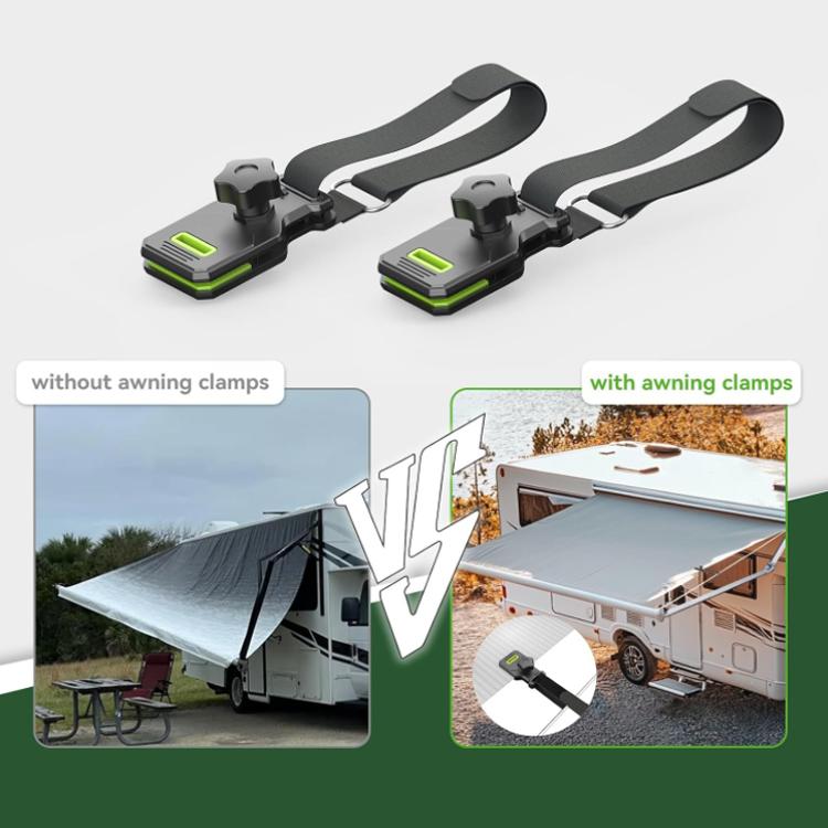 Pair of black awning clips with green latch and nylon straps for RV awning