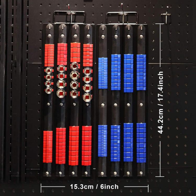Socket organizer tray with red and blue sockets and multiple rows of clips