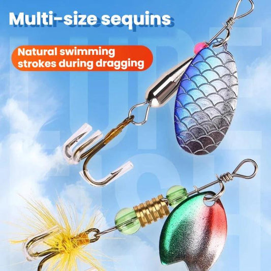 Metal spinner flashbait lure with triple hooks and blue scale sequins
