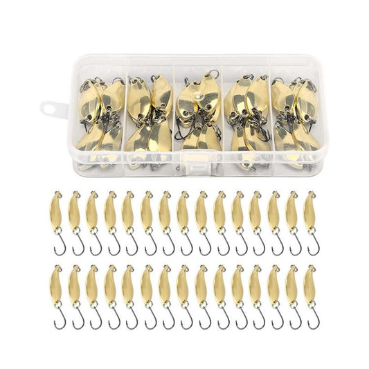 30-pack gold spinner fishing lures in clear tackle box with treble hooks