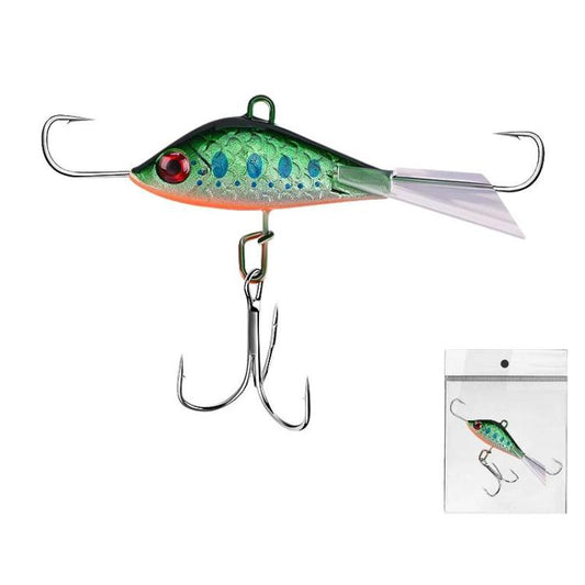 Balanced ice fishing lure, blue-green speckled body, red eye, treble hooks and ring