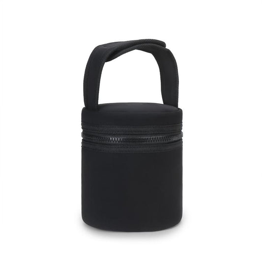 Black insulated baby bottle cooler bag with rounded handle and zippered top.